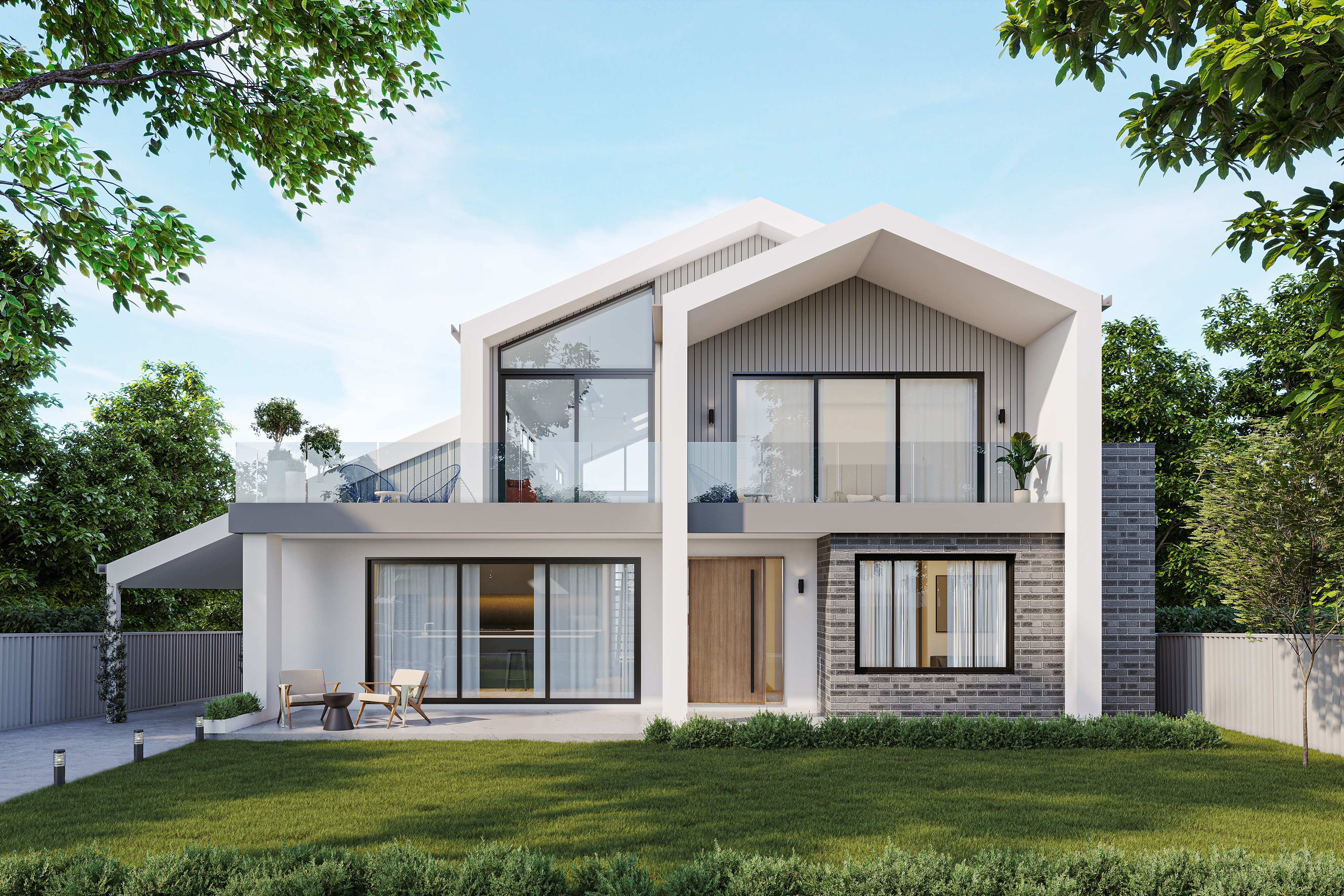 Dual-level contemporary residence with timber detailing and open-plan balconies framed by greenery.