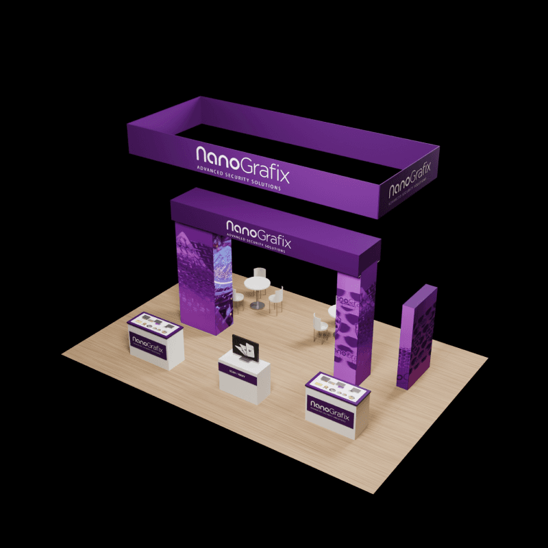 20x30 security technology booth with live identity verification demo and buyer meeting space