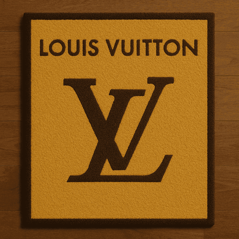Quadratischer handgetufteter Logo-Teppich in Braun und Beige Louis Vuitton Logo auf Holzfußboden