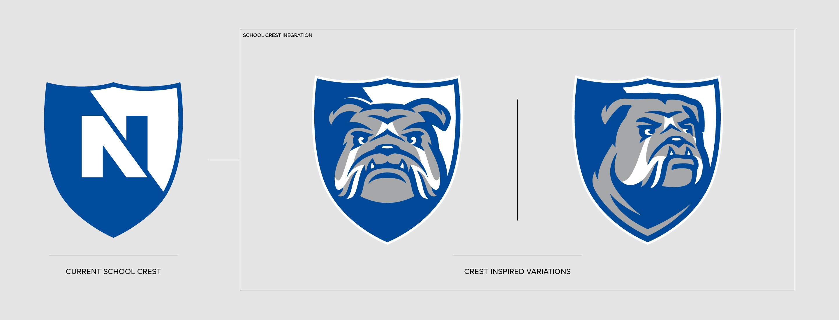 Nobles Athletics integrating school crest into bulldog logo variations.
