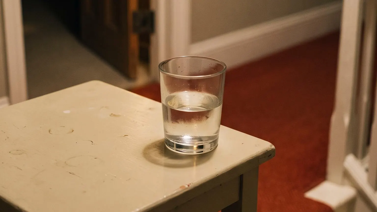 A half-drunk glass of water on a landing side table, lamplight from a door left ajar