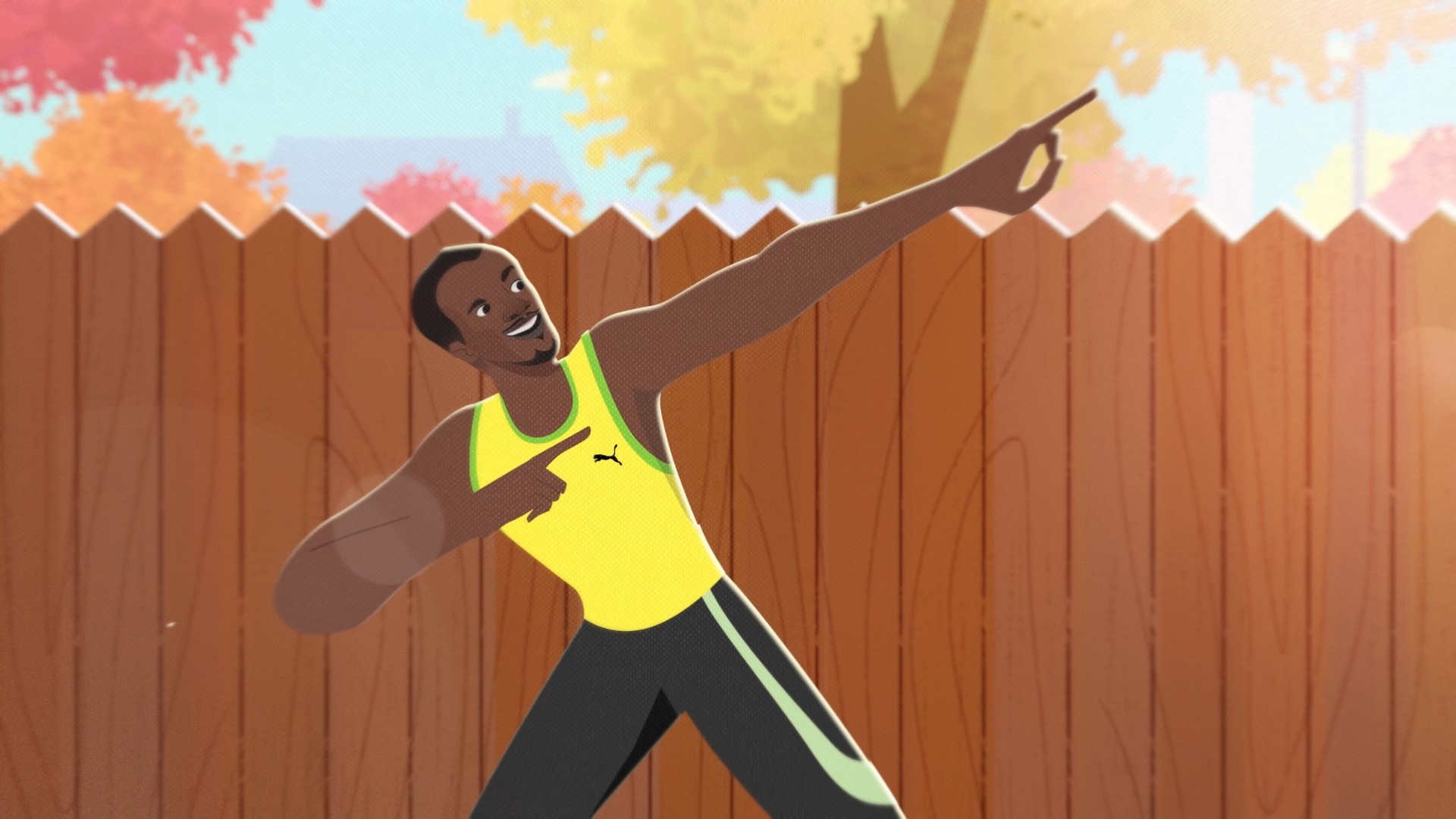 Illustration of Usain Bolt  in his signature pose with one hand raised and finger tilted up, wearing gym clothes on the street with a picket wooden brown fence in the background 