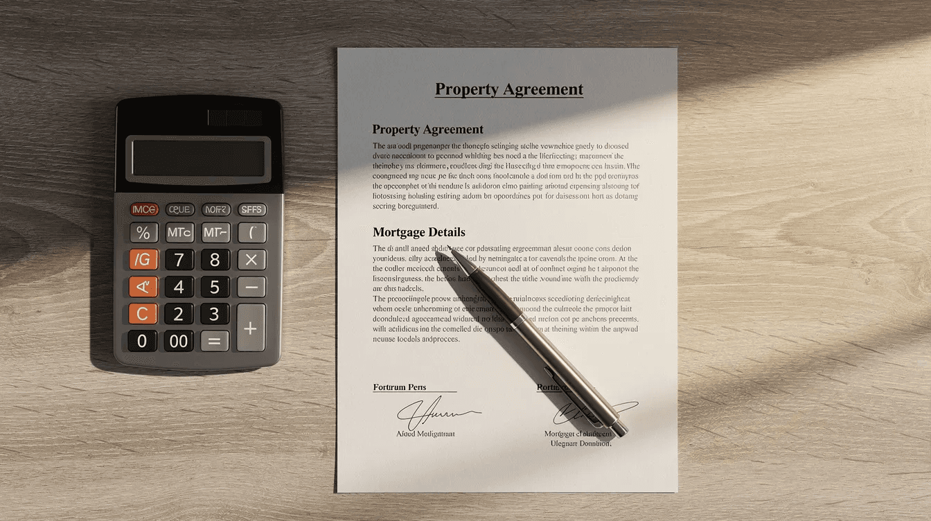 The image features a calculator, property documents, and a pen neatly arranged on a wooden desk, suggesting a workspace for rental property owners managing their rental property tax deductions and expenses. This setup implies preparation for calculating rental income and related tax obligations.