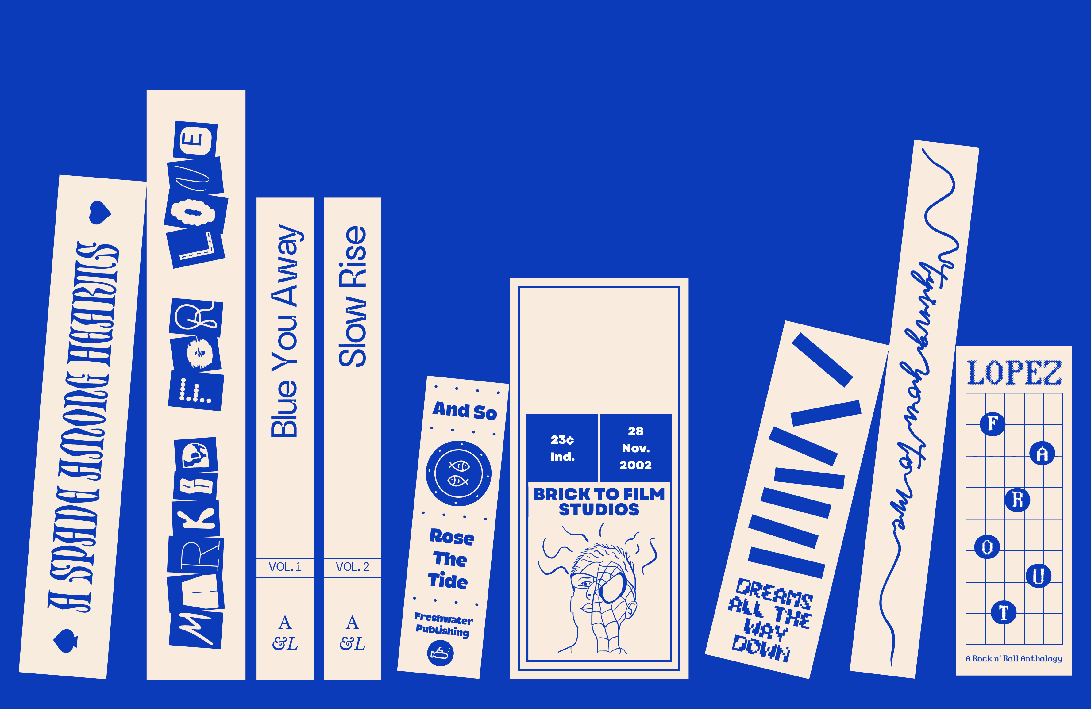 A bookshelf containing nine different titles of varying design, some leaning with others standing straight.