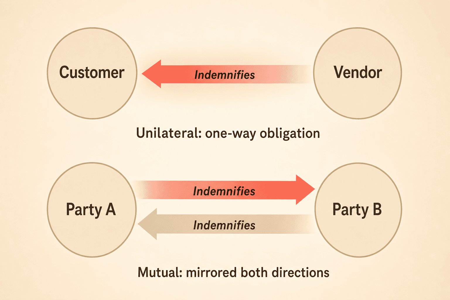 Diagram contrasting unilateral and mutual indemnification obligations