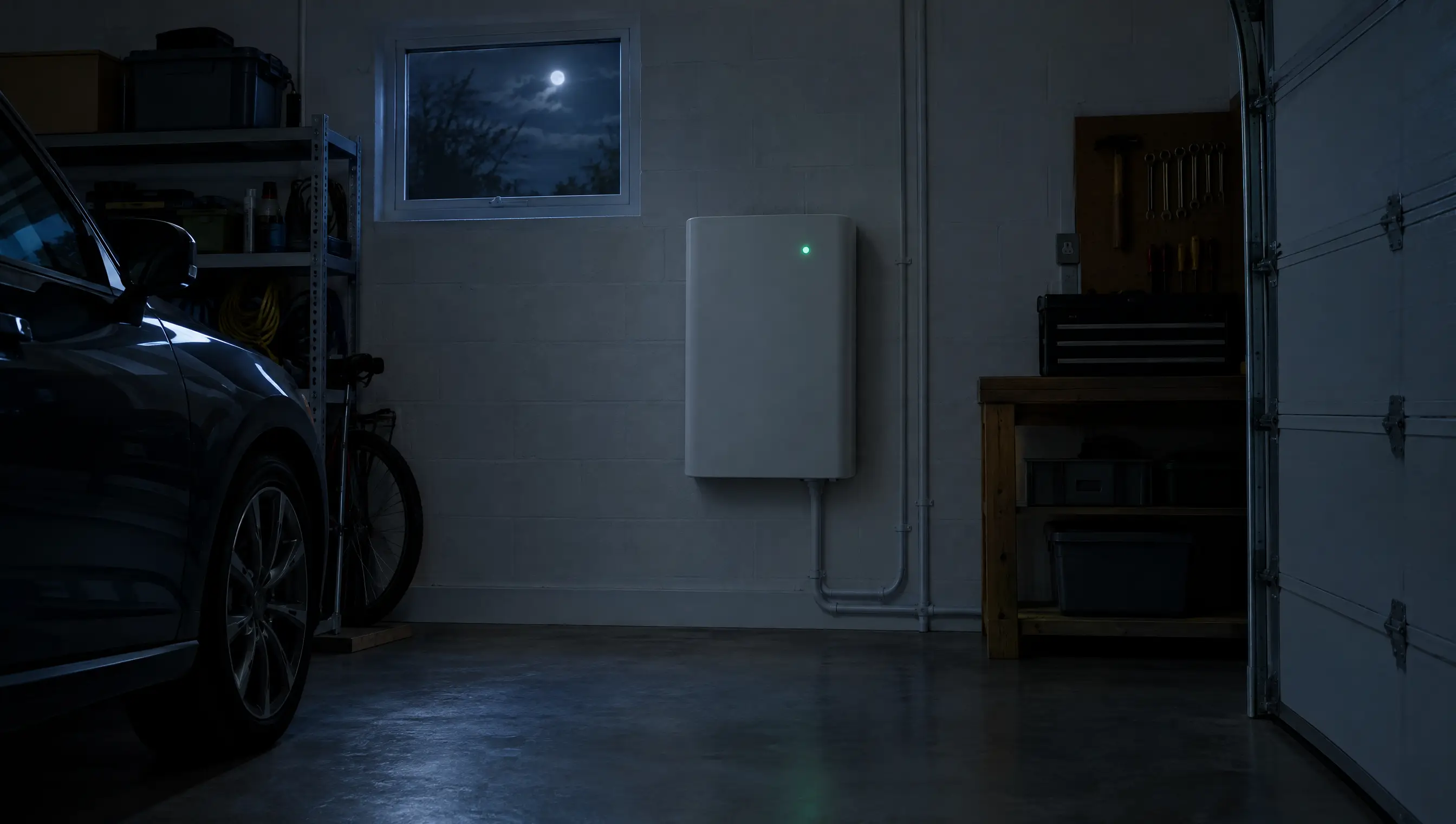 A home battery on a garage wall at night