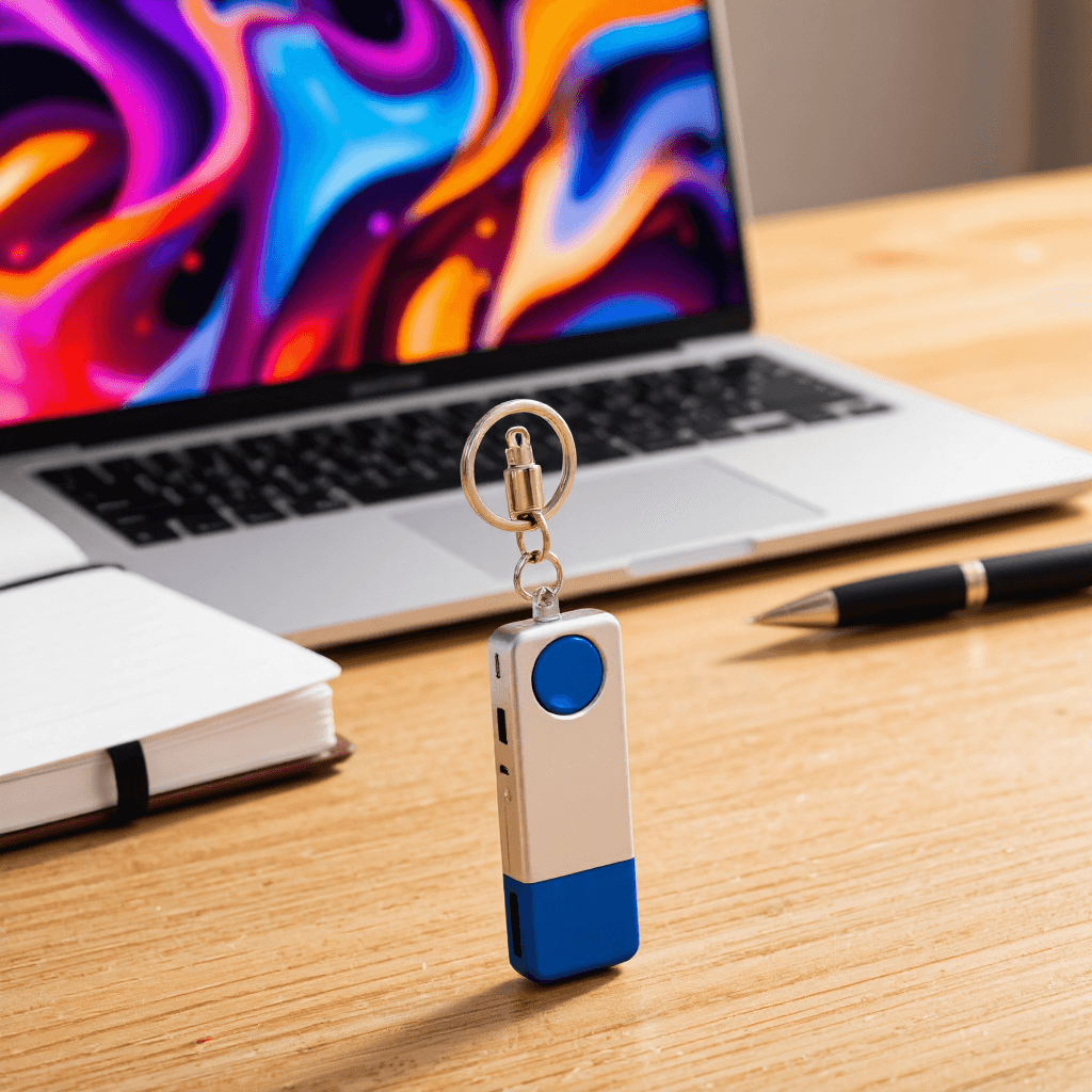 product photography of a keychain USB flash drive with a decorative design