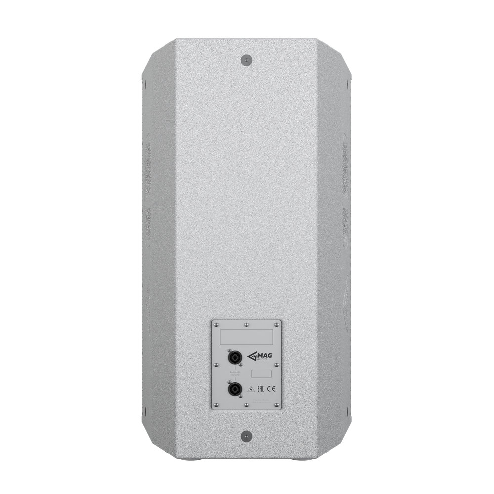 Silver MAG speaker with rear panel connections.