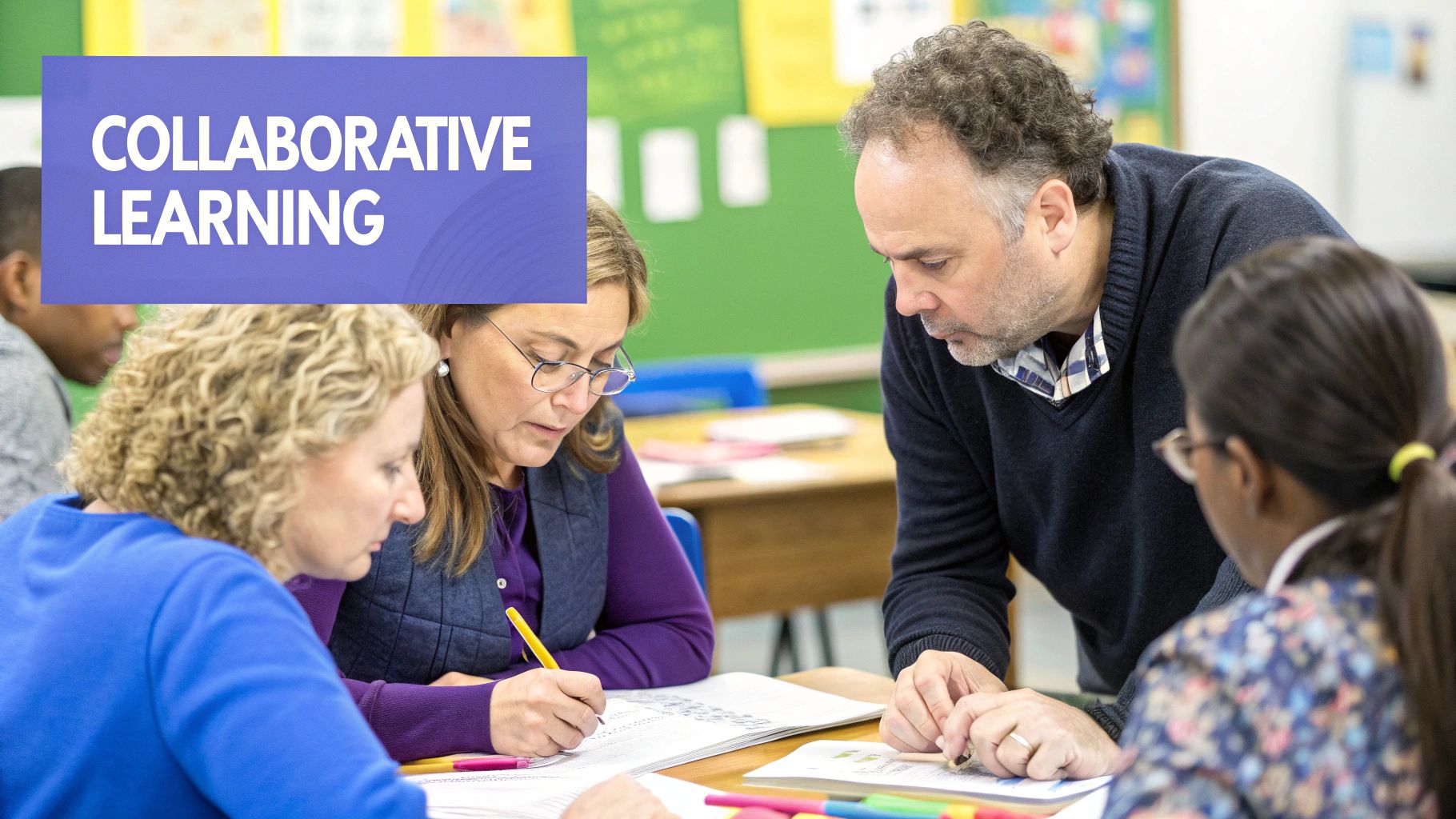 A diverse group of teachers engaged in a collaborative professional development session, working together at a round table.