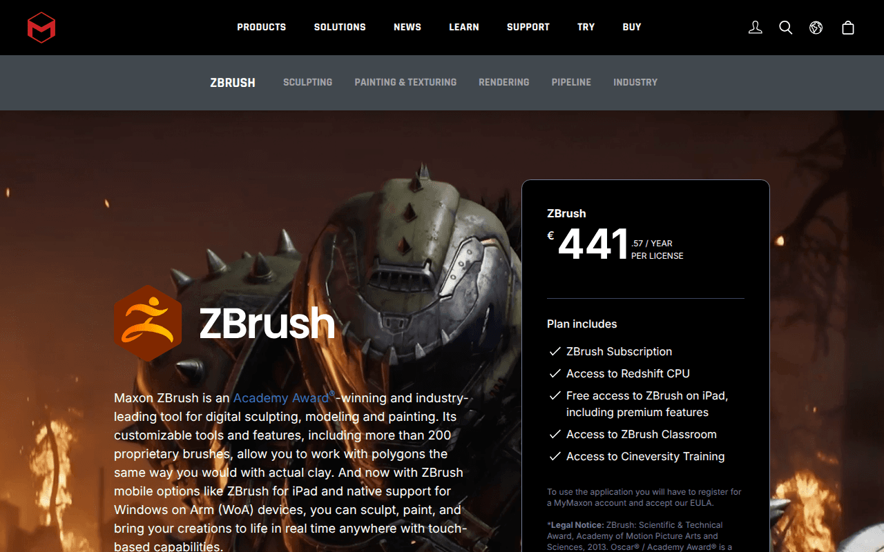 ZBrush product page screenshot showing digital sculpting software pricing and feature details