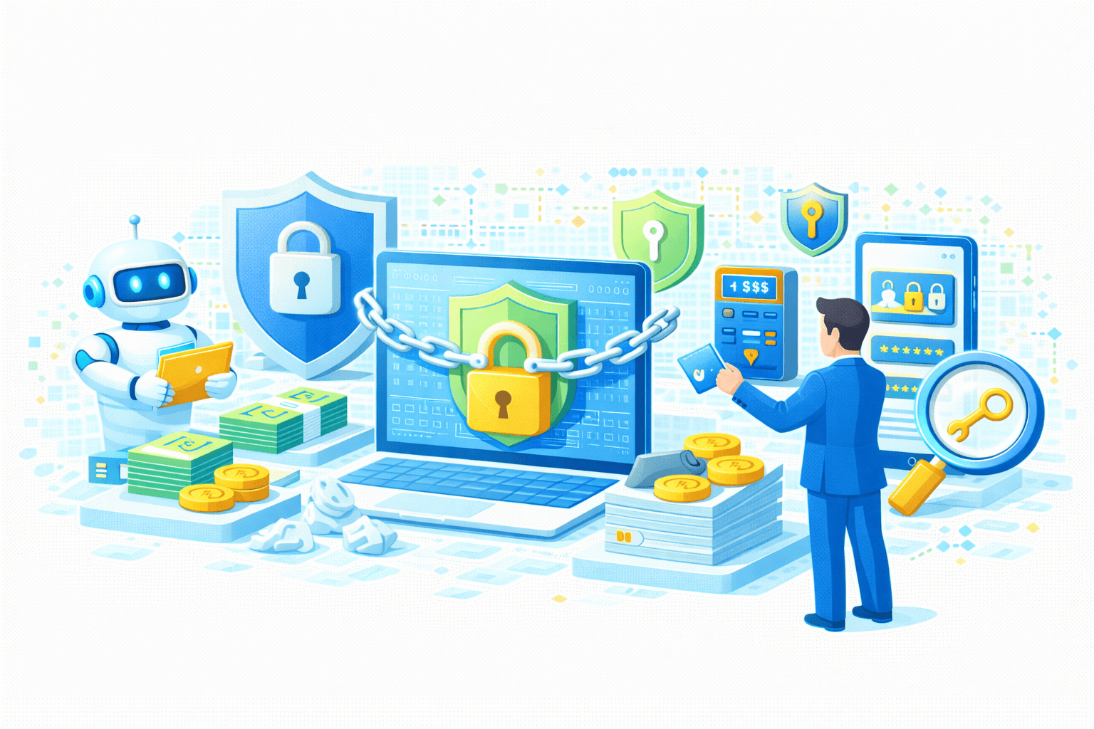 Ilustrasi secure digital banking & access control berbasis AI. Di tengah terdapat laptop dengan layar dilindungi rantai dan gembok, melambangkan enkripsi dan perlindungan sistem. Di kiri, AI/robot assistant memegang tablet di dekat uang/koin, menunjukkan pemantauan dan analitik otomatis. Di kanan, seorang pengguna melakukan autentikasi menggunakan kartu/kredensial di depan dashboard login dengan ikon kunci. Perisai hijau dan biru dengan simbol kunci menandakan keamanan berlapis, kontrol akses, dan kepatuhan. Kaca pembesar melambangkan audit/inspeksi, sementara tumpukan uang merepresentasikan nilai aset yang dilindungi. Visual menggambarkan ekosistem perbankan digital yang aman, terverifikasi, dan terkelola end‑to‑end.