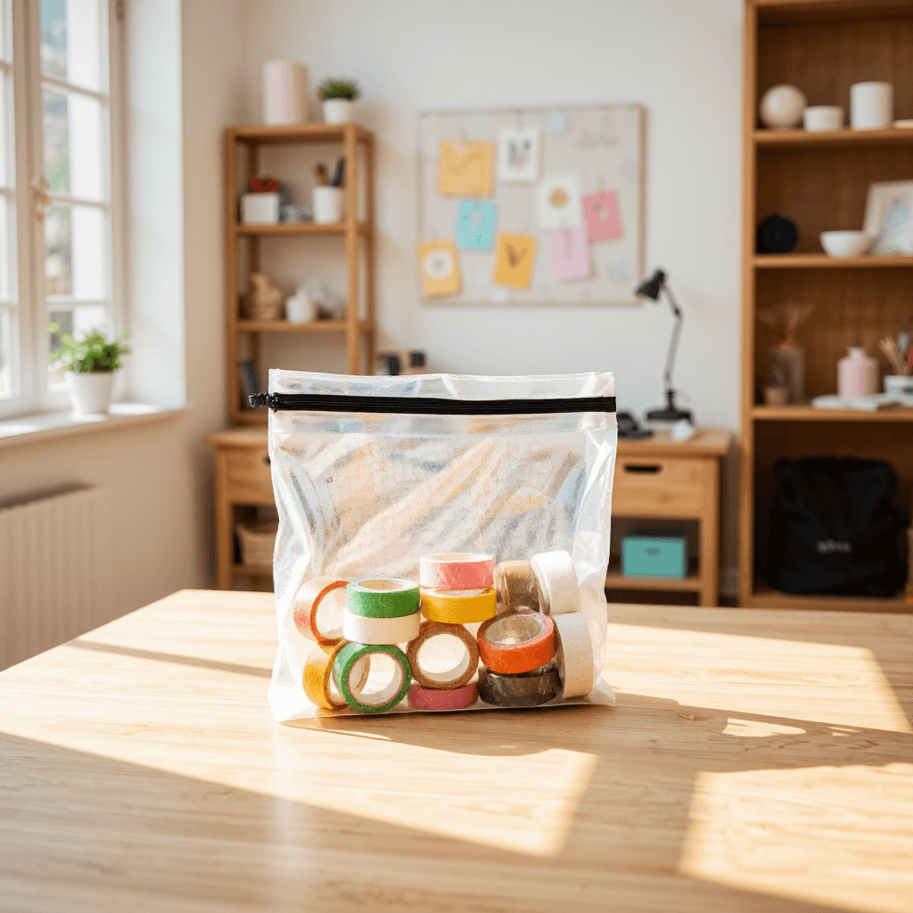 product photography of a transparent mesh storage bag containing various tape rolls