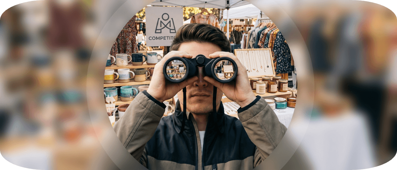 Etsy seller researching competitors and analyzing marketplace products using binoculars at a craft market.