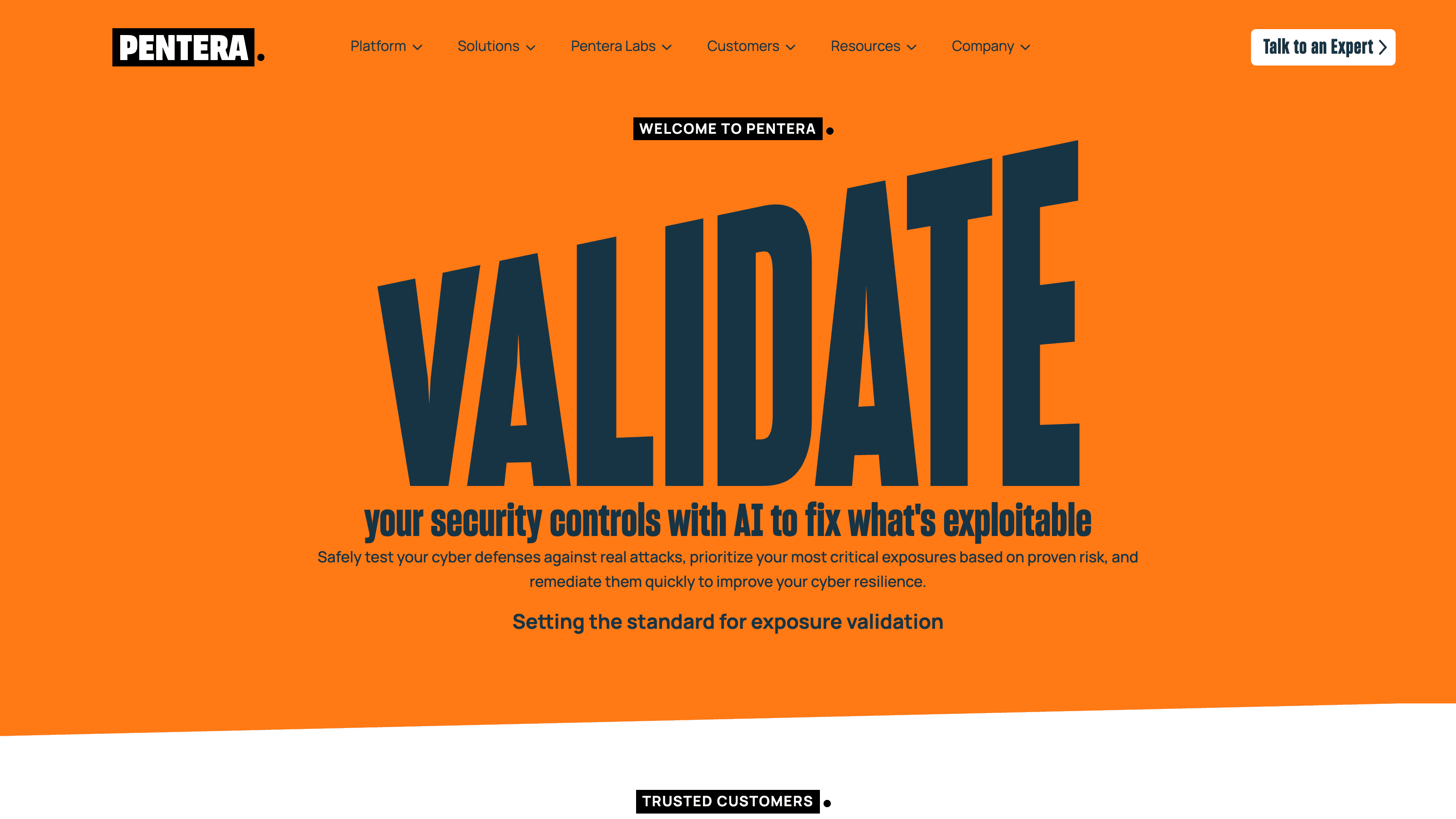 Pentera homepage presenting automated security validation for exploitable risk