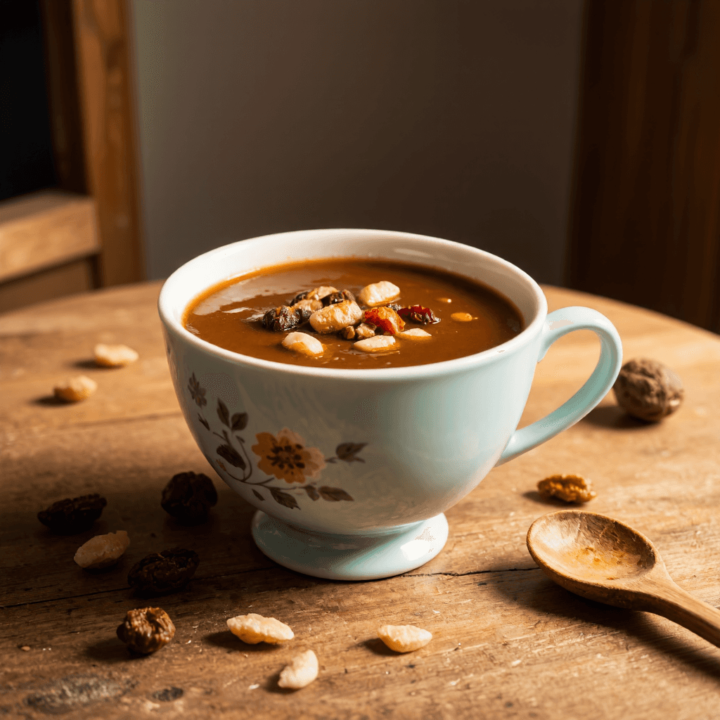 product photography of a cup of sweet herbal soup with nuts and dried fruits