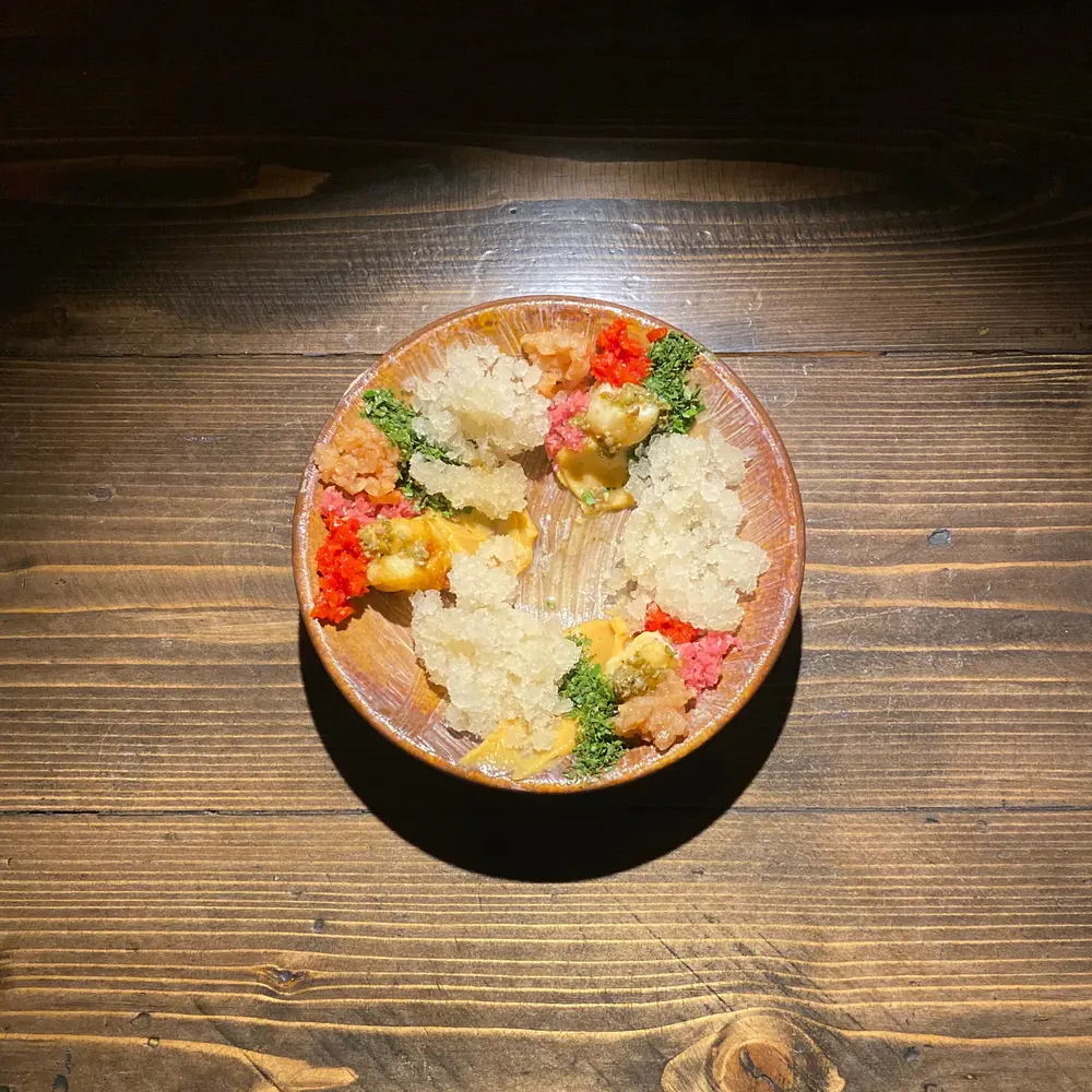 River Prawn Shaved Ice, Red Jinda Chili, Culantro, Torch Ginger FLower