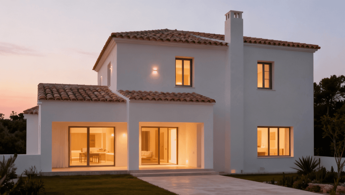 Modern white house with warm lighting, large windows, and a tiled roof at dusk. The atmosphere is serene and inviting, with a clear sky and greenery.
