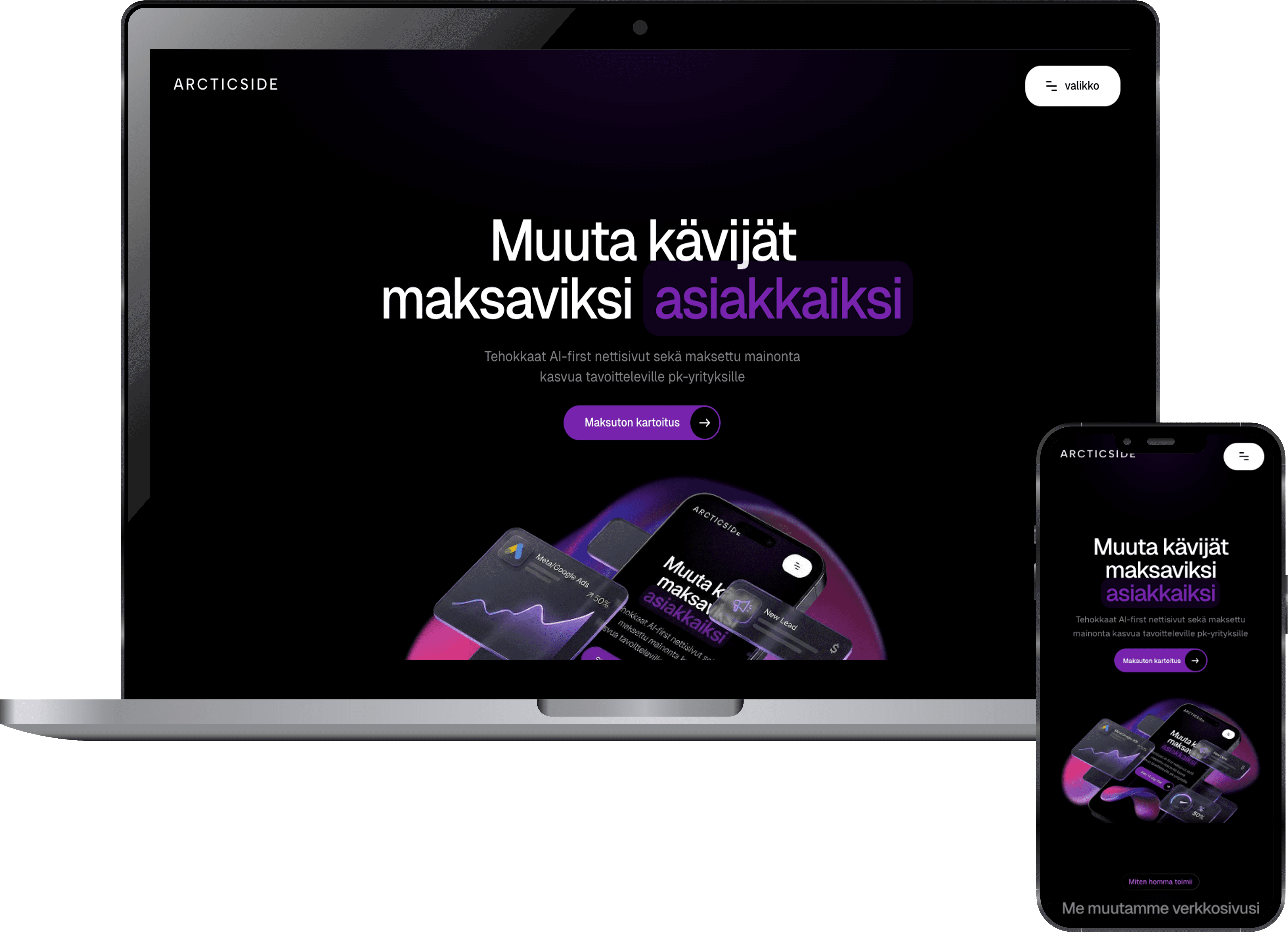 Esimerkki kuva nettisivuista tietokoneella sekä puhelimella katsottuna