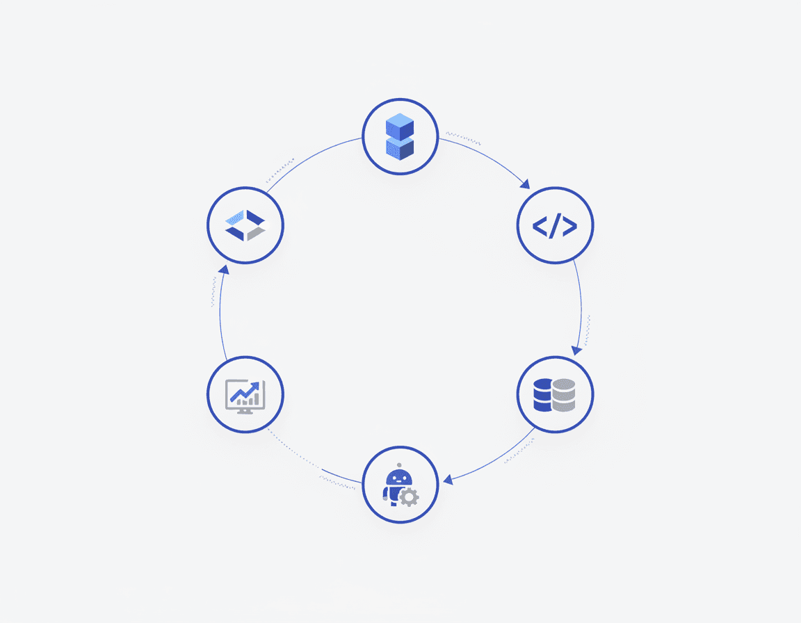 Circular infographic of five interconnected icons representing the autonomous monthly content refresh cycle