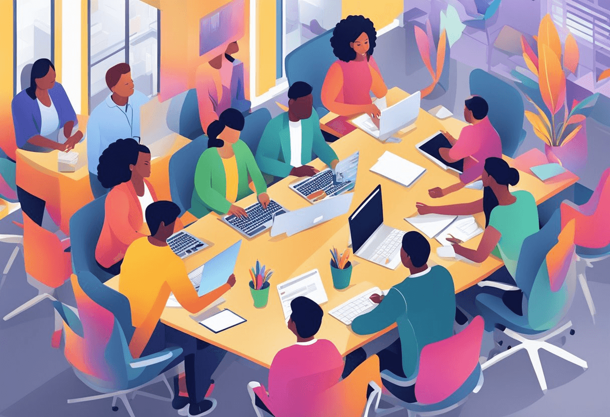 A diverse group of employees collaborate in a vibrant, inclusive workspace, symbolizing the impact of Employee Resource Groups in HR