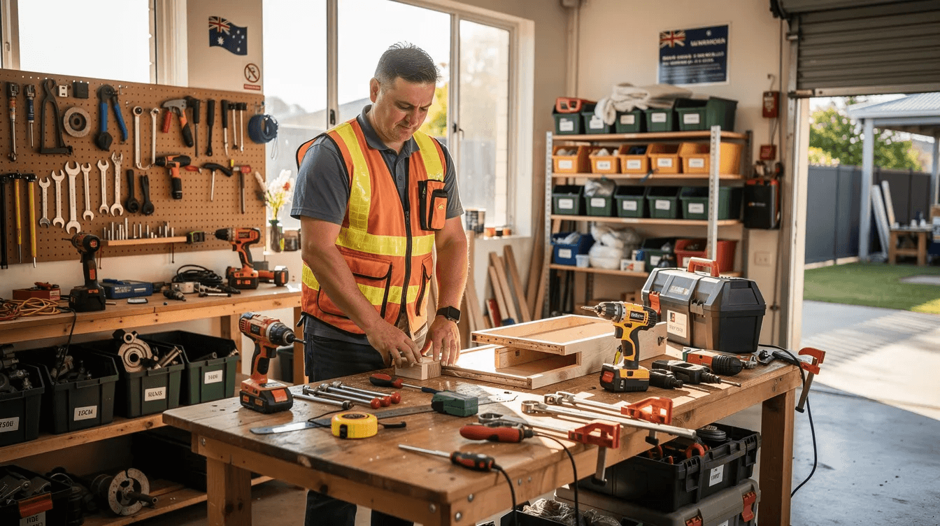 An Australian small business owner is diligently working in a bright workshop filled with various tools and equipment, showcasing the vibrant environment where entrepreneurs can thrive. This setting reflects the support and resources available for small businesses, including business grants and funding programs aimed at fostering growth and innovation.