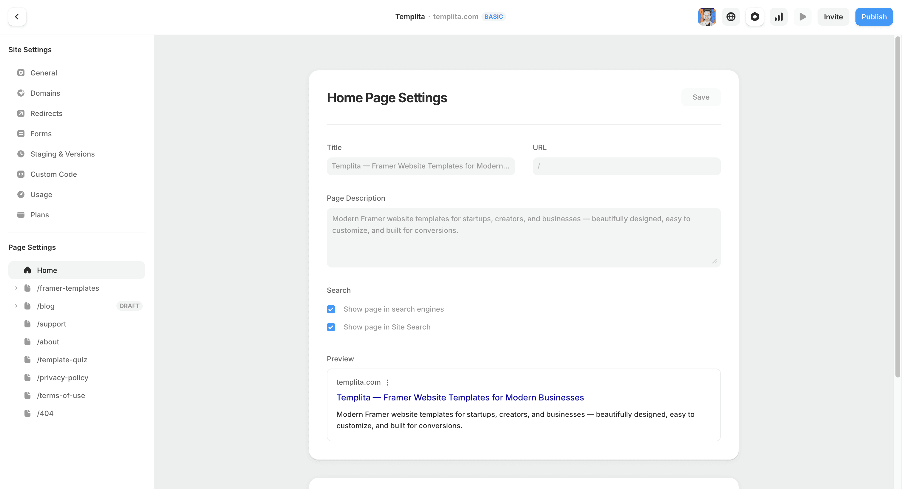 Framer Page Settings panel showing the Show page in search engines toggle that controls noindex and sitemap inclusion