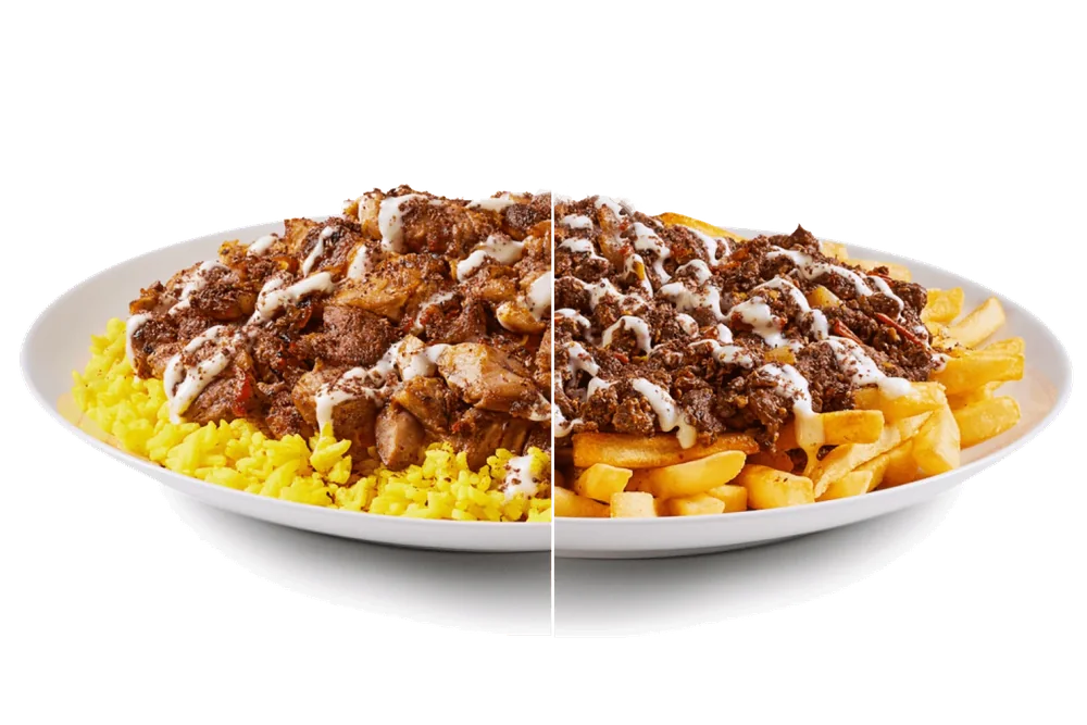 Osmow's Chicken on the Rocks signature dish with freshly carved shawarma on a bed of rice and fries topped with garlic sauce