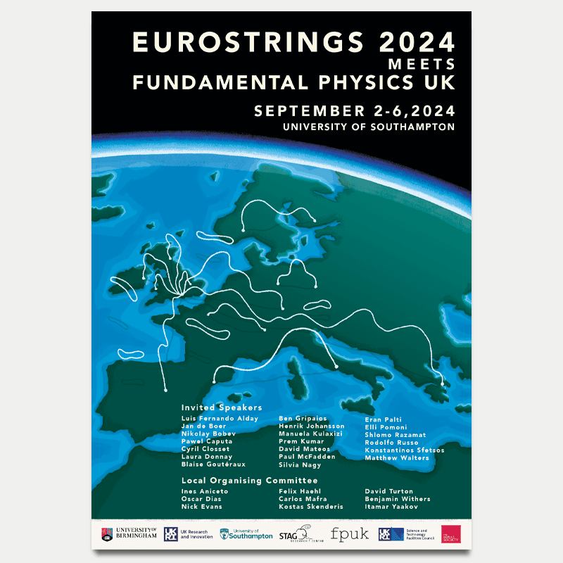 Poster advertising Eurostrings conference 2024. Image depicts an illustration of Earth with strings connecting Southampton to various parts of Europe