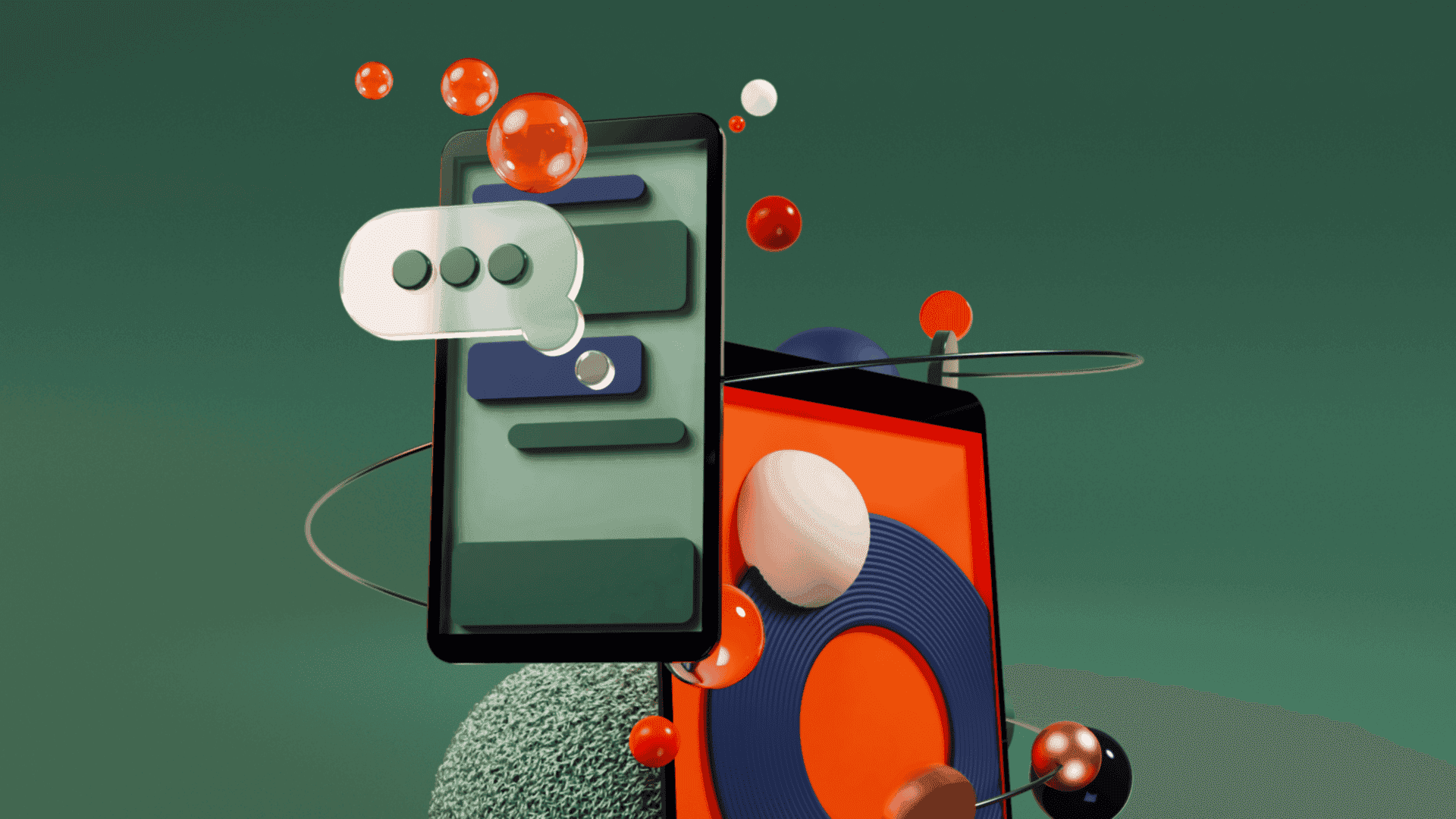 two devices showing orange and green elements infront of a green background