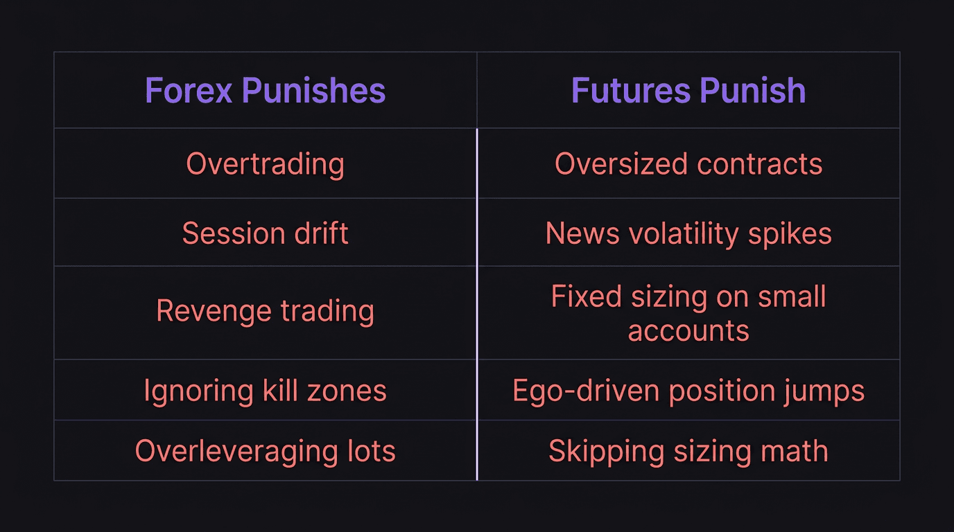 Comparison diagram showing forex weaknesses versus futures weaknesses side by side