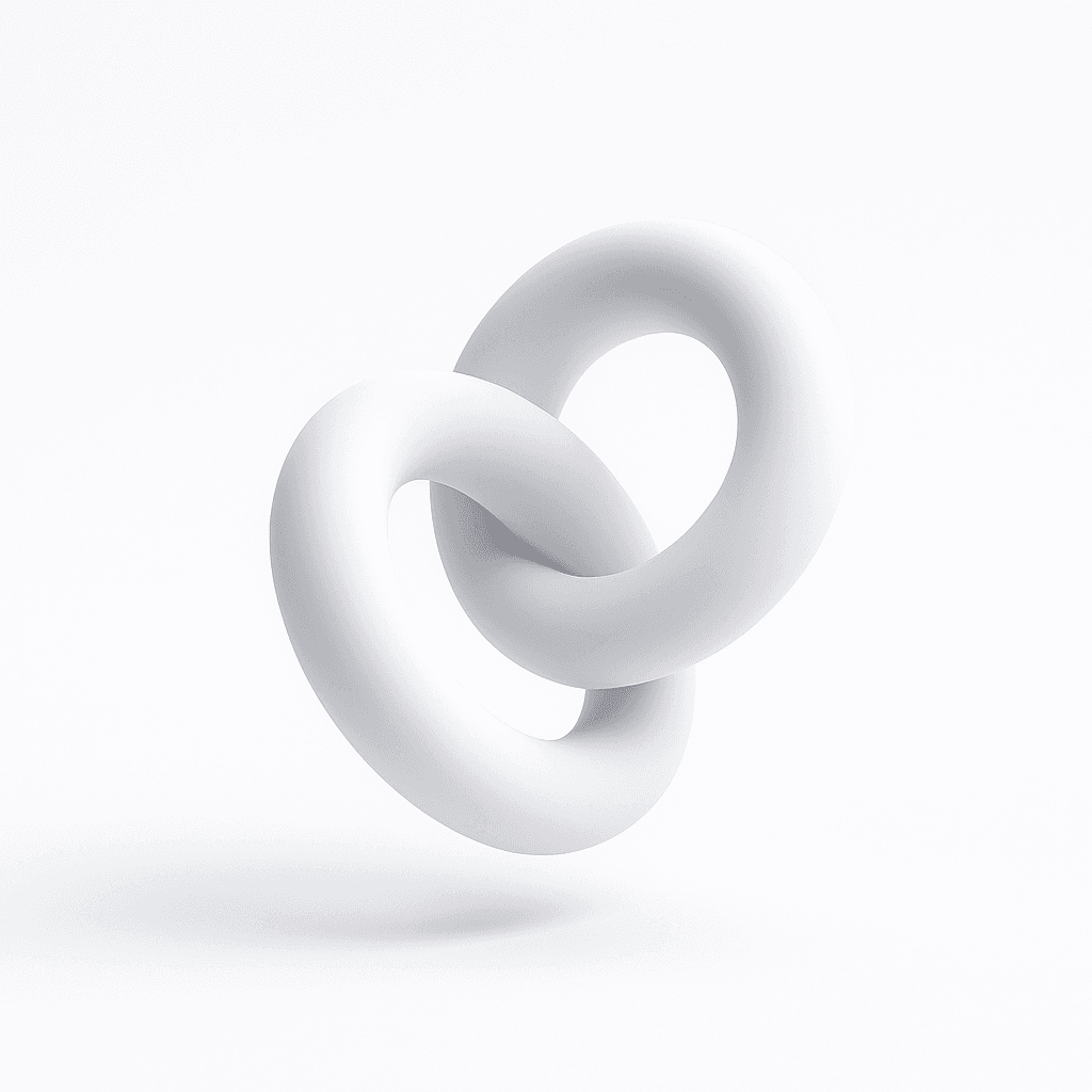 Minimalist 3D-rendered artwork of two smooth, white interlocking ring shapes, floating above a clean light background with soft shadows and photorealistic lighting.