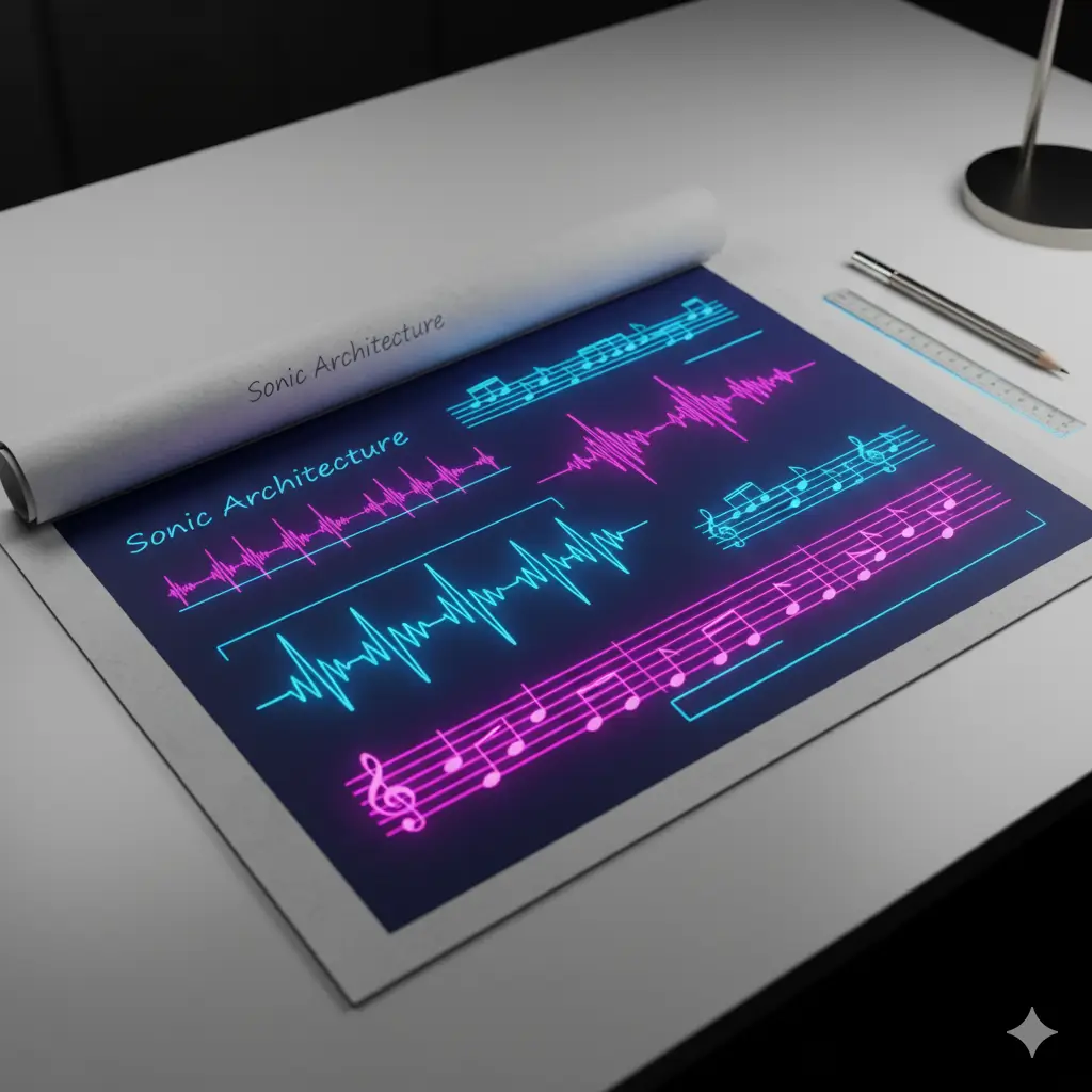Rolled blueprint labeled "Sonic Architecture" showing neon blue and pink soundwave patterns and musical notation on a desk with pencil and ruler.Rolled blueprint labeled "Sonic Architecture" showing neon blue and pink soundwave patterns and musical notation on a desk with pencil and ruler.