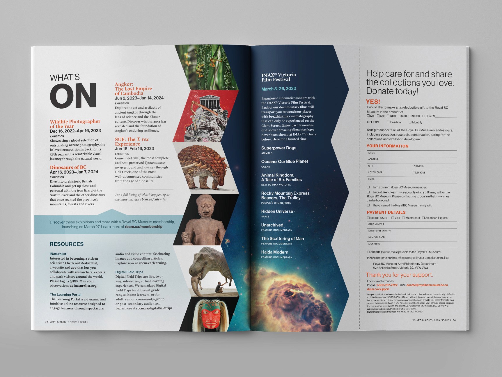 Open double-page spread of a magazine featuring a title that reads What's On with thumbnail images depicting various events