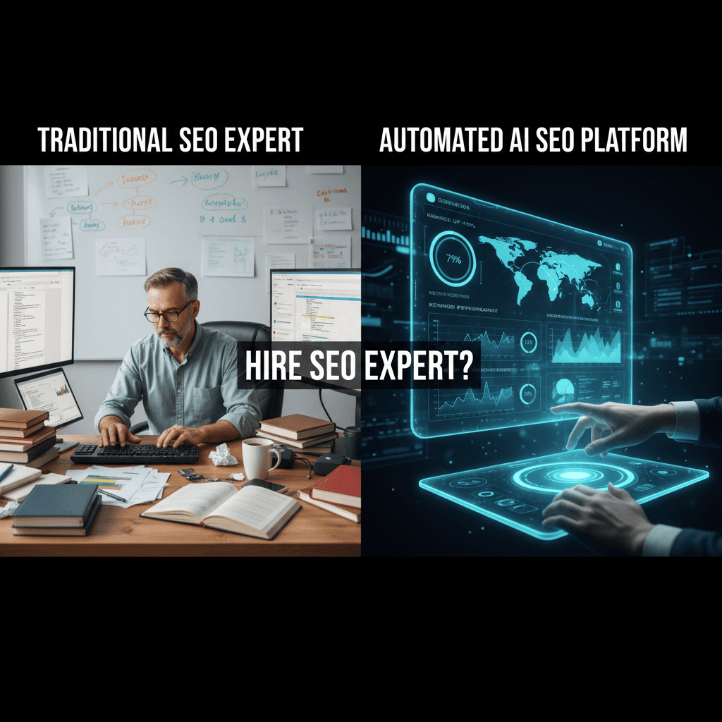 Hire SEO expert comparison between traditional consultant and automated AI SEO platform dashboard
