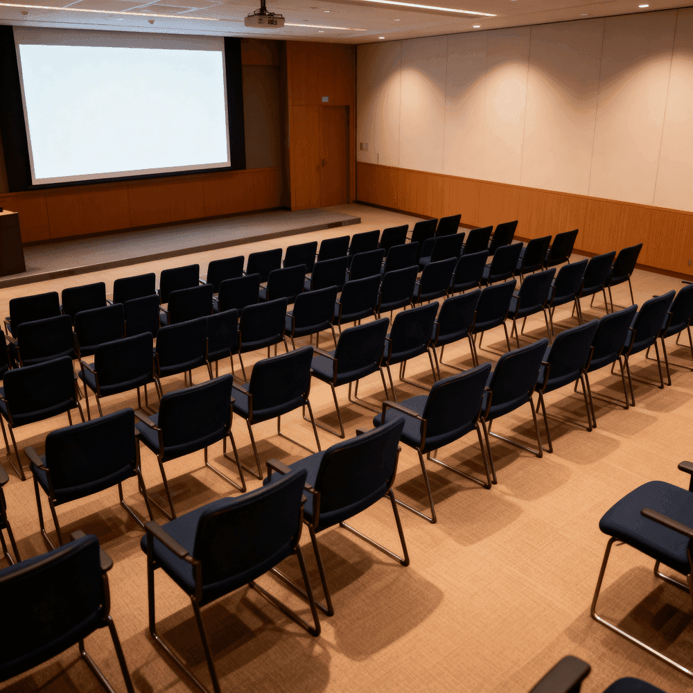 Sala de conferência vazia com cadeiras organizadas em frente a uma tela de projeção, representando o ambiente de palestras técnicas sobre gestão pública.