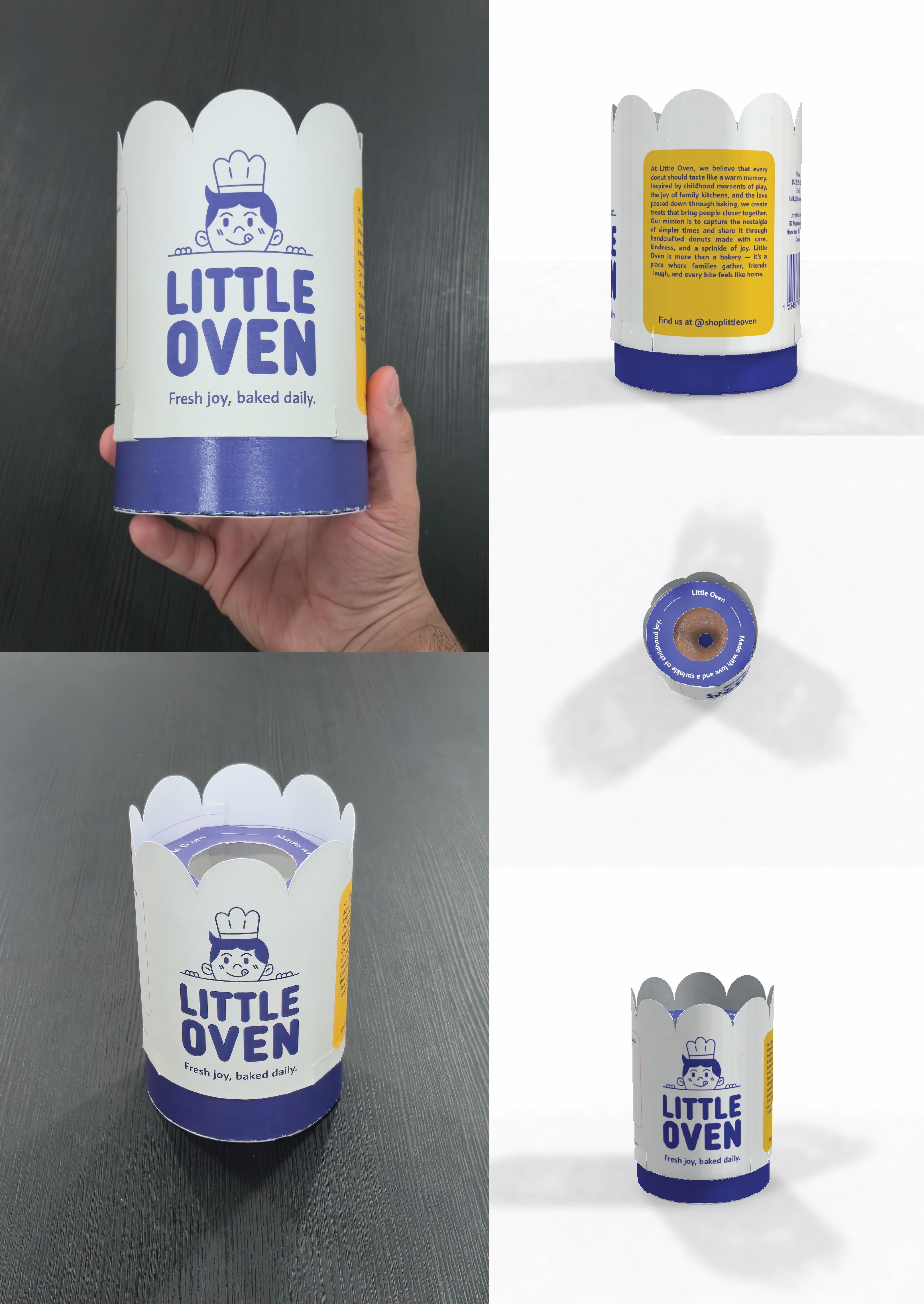 Exploratory Little Oven package design featuring the baker mascot and baking illustrations.