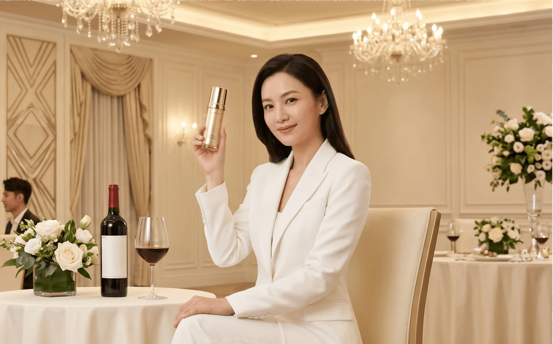 新品上市產品推廣活動現場，氣質模特在高級場景中手持無logo護膚品，右側聚焦人物與產品，左側留白作為文案區，整體光線柔和呈現精緻高級感