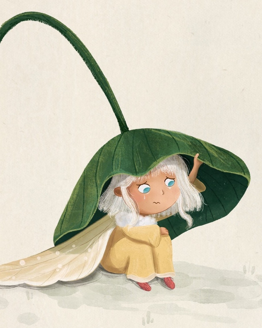 A fairy moth crying while hiding under a plant leaf.