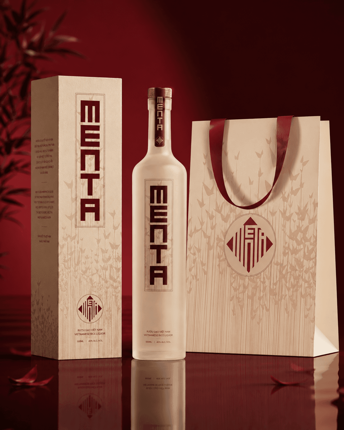 Menta Vietnamese rice liquor bottle, box, and bag.