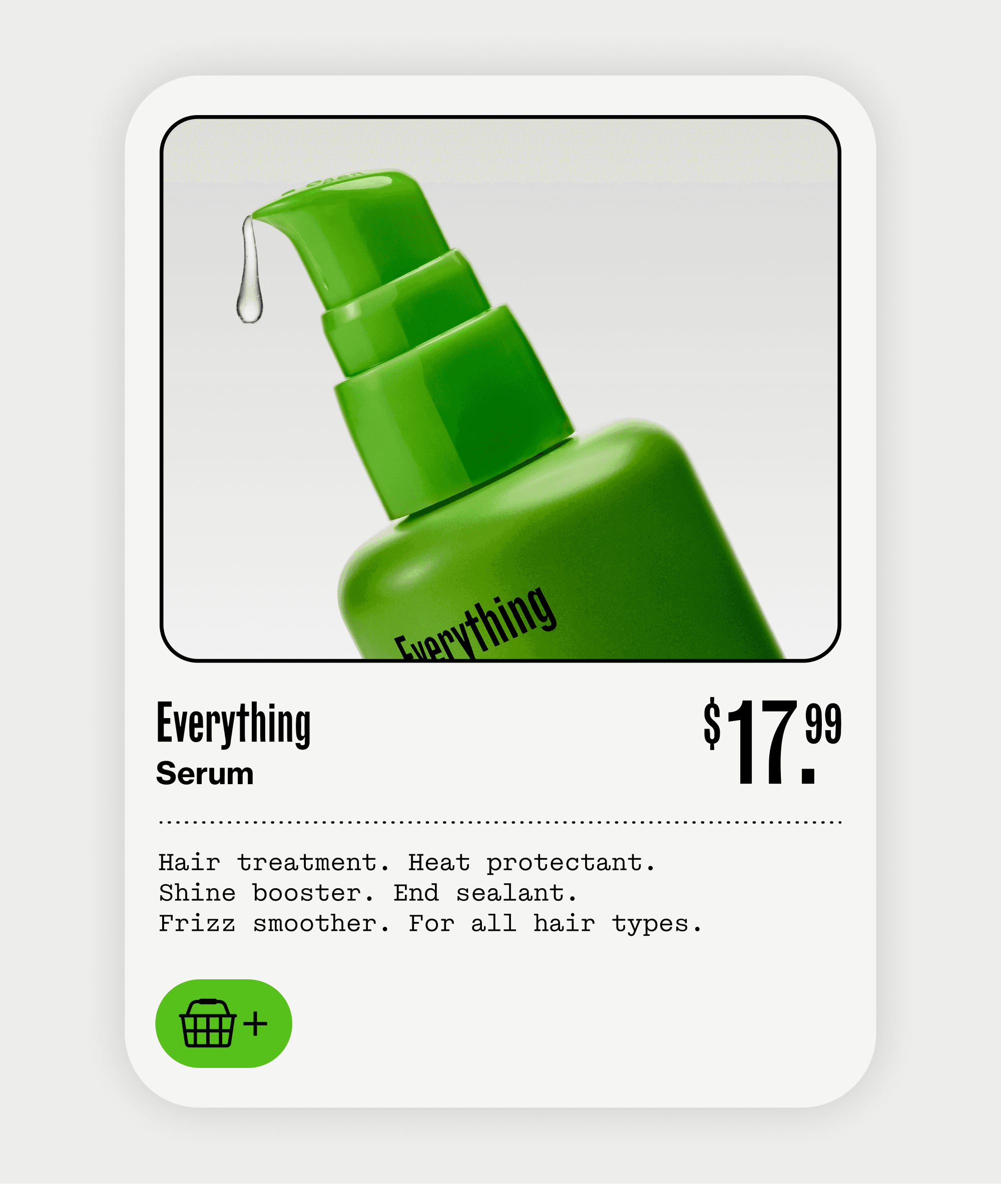 Grow-Good Beauty Everything Serum e-commerce product card — $17.99, hair treatment and frizz smoother