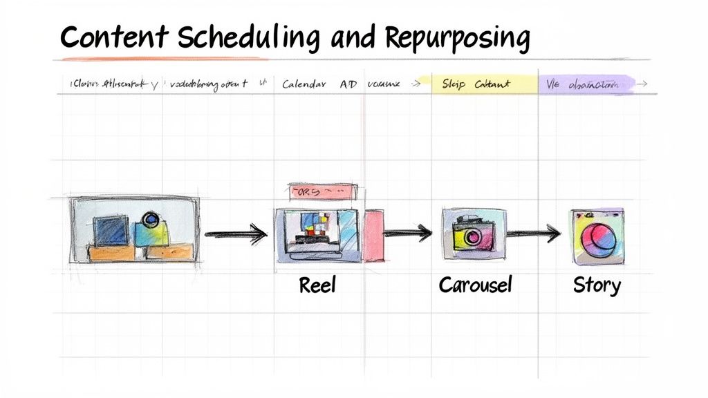 A content scheduling and repurposing diagram showing a workflow from initial content to Reel, Carousel, and Story formats.