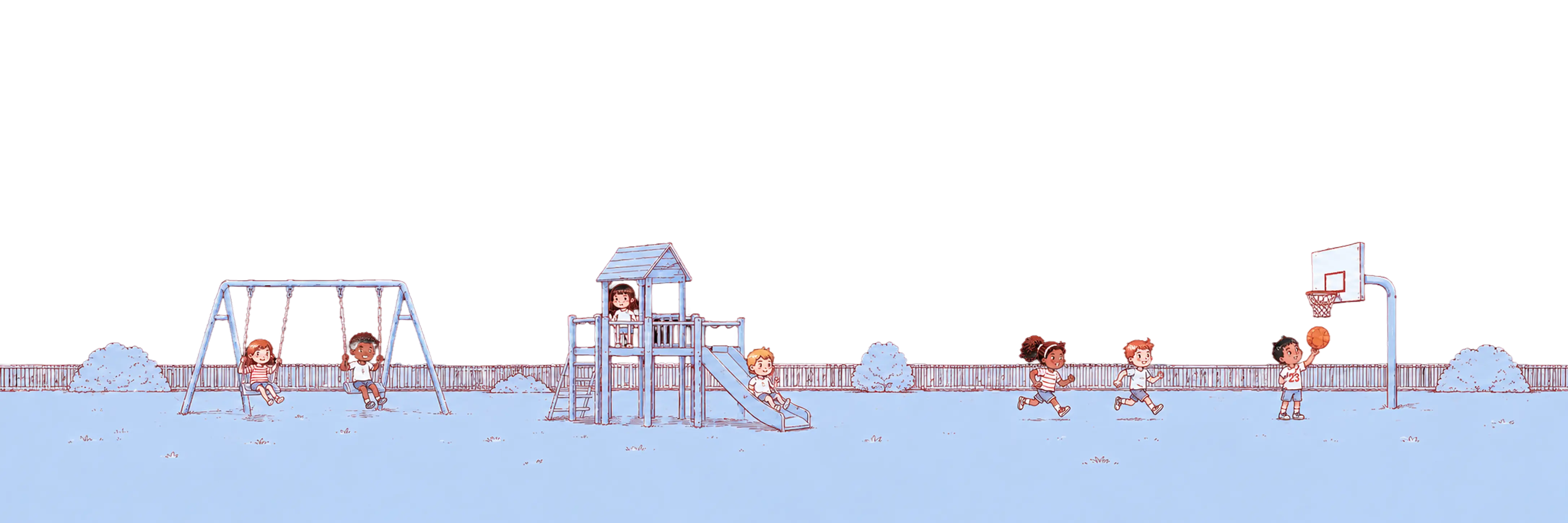 Illustration of seven smiling children holding hands