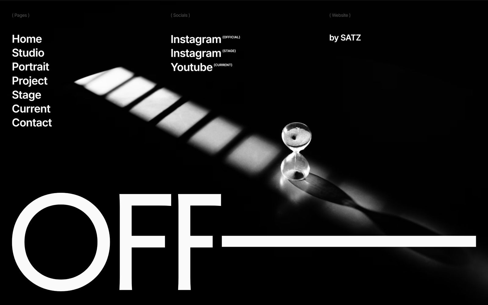 Black and white design with "OFF" in bold. Hourglass on the right in spotlight. Navigation links to the left.