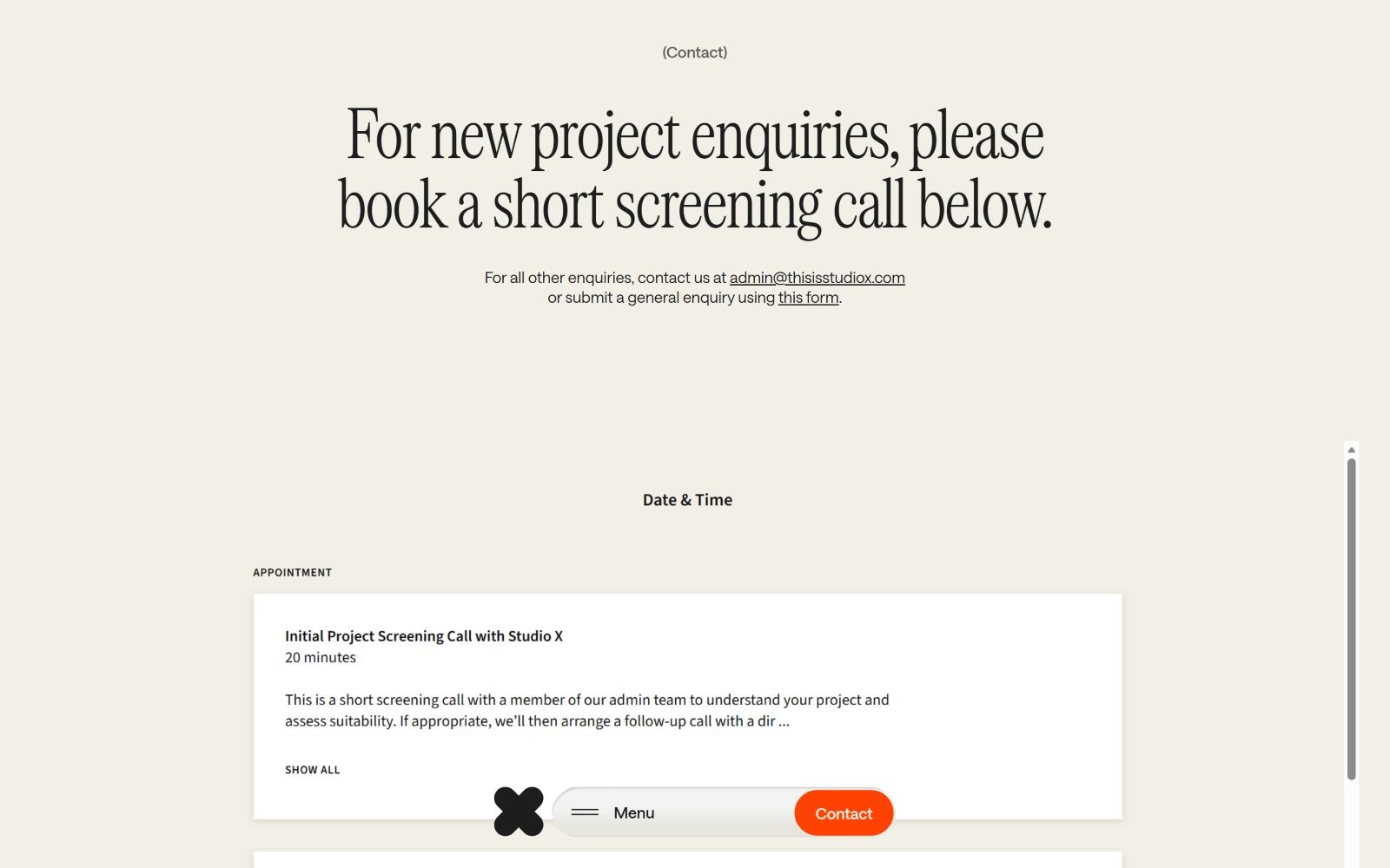 Text reads, "For new project enquiries, please book a short screening call below." Button text: "Contact." Cream-colored background.
