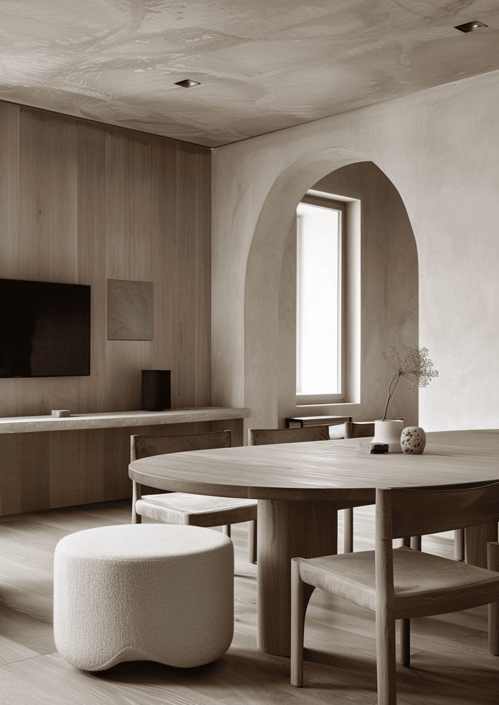 Minimalist interior with wooden furniture, arched doorway, and neutral tones. Features a round table, chairs, and a textured ottoman.