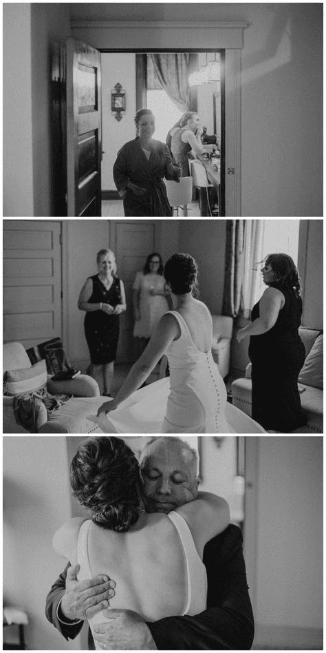 Emotional black and white sequence of a bride getting ready with her family, ending with a heartfelt embrace from her father. A classic example of photojournalistic wedding photography capturing candid family moments.