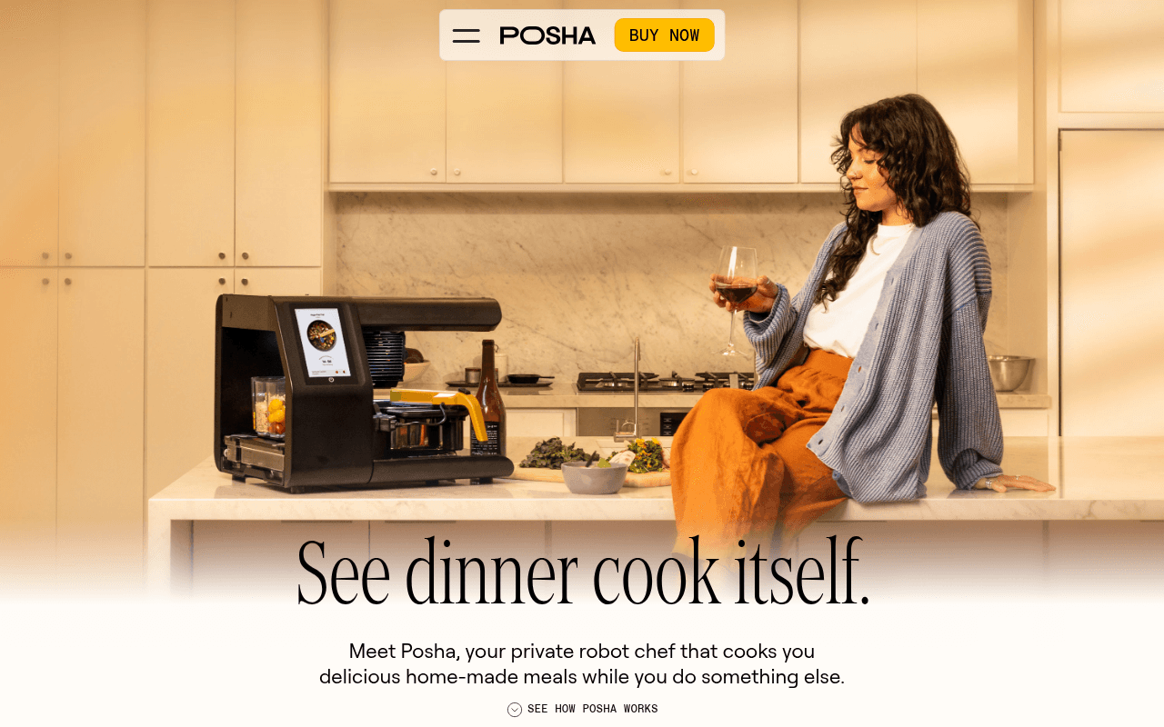 Posha smart kitchen appliance homepage screenshot showing self-cooking stove system
