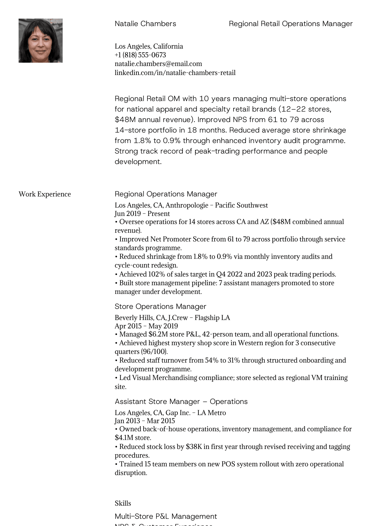 Retail operations manager resume example
