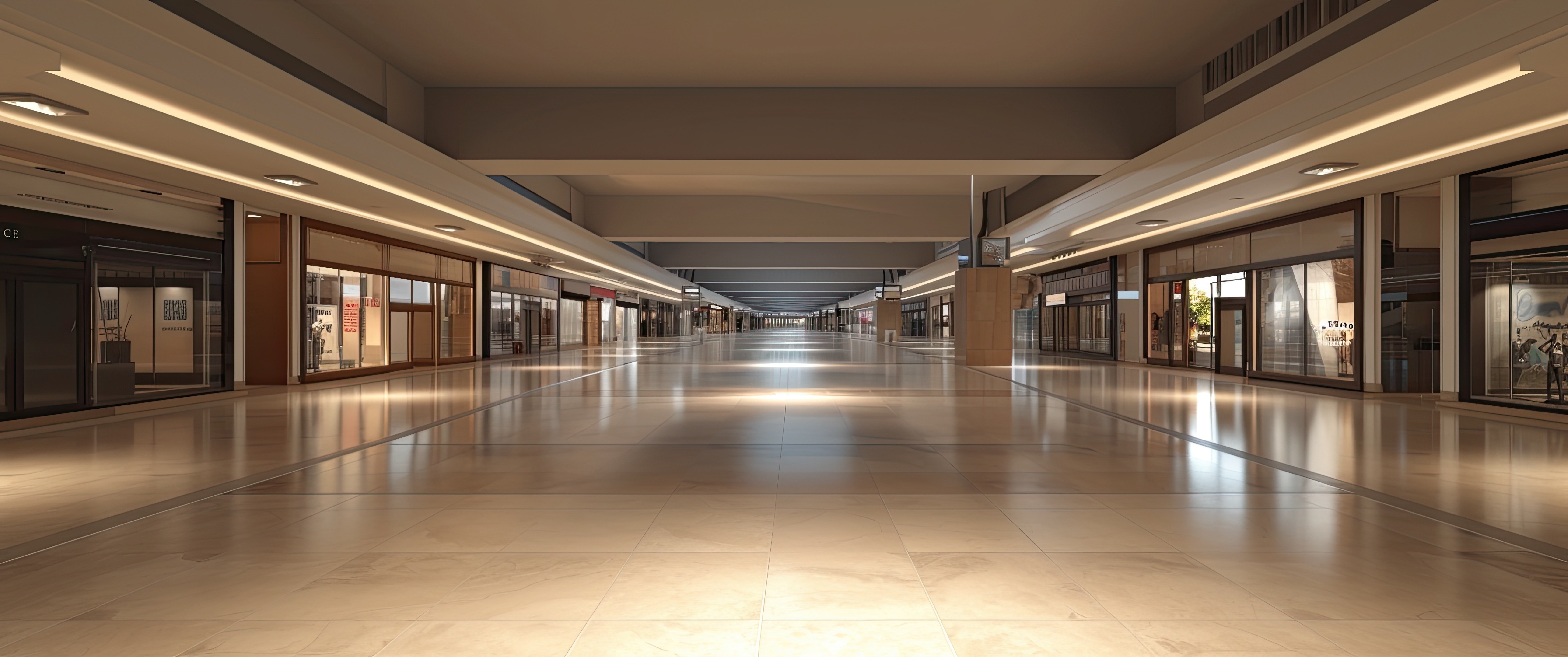 商場室內地台工程:現代購物中心亮面雲石地磚,展示專業商業裝修及優質地台物料效果。