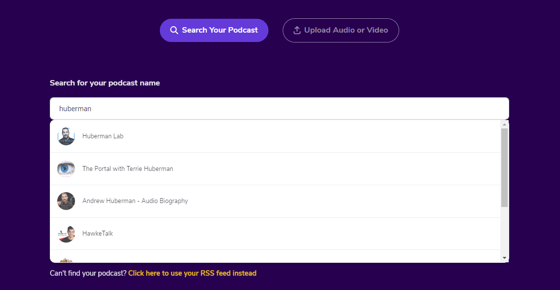Podsqueeze file import UI, showing a search bar where users can search for their podcast and import episodes directly from